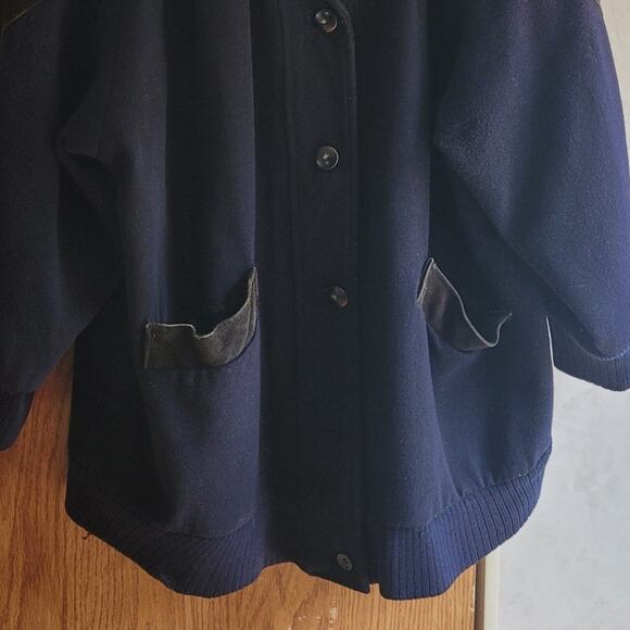 Vntg Othello Pelle Korea Wool Leather Trim Coat M Navy Black Old Money Heritage - Picture 5 of 11